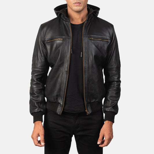 Bouncer Biz Black Leather Bomber Jacket for Men | Premium Genuine Leather Jacket