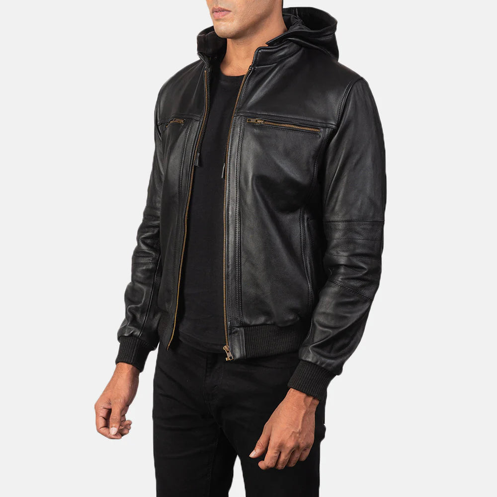 Bouncer Biz Black Leather Bomber Jacket for Men | Premium Genuine Leather Jacket
