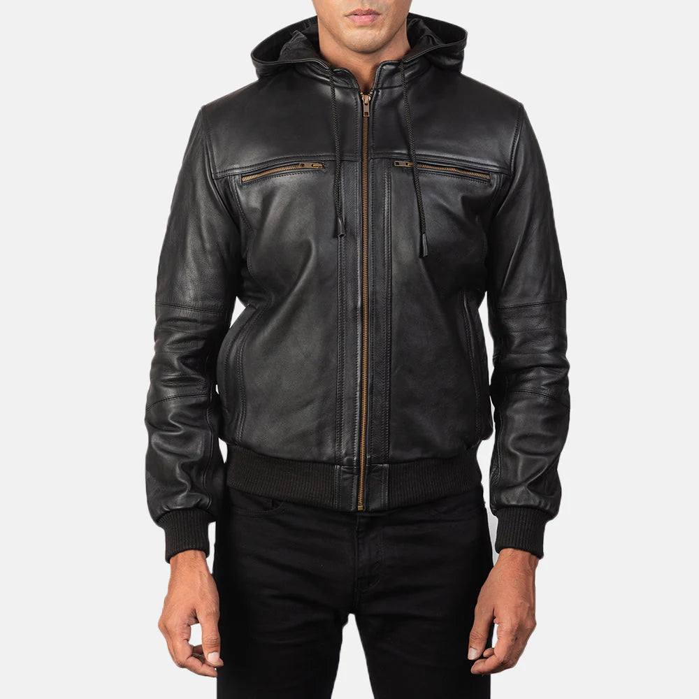 Bouncer Biz Black Leather Bomber Jacket for Men | Premium Genuine Leather Jacket