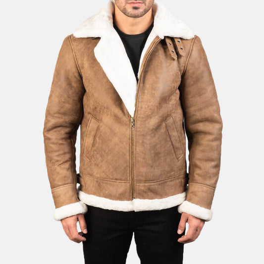 Francis B-3 Distressed Brown Leather Bomber Jacket for Men | Premium Genuine Shearling Aviator Jacket