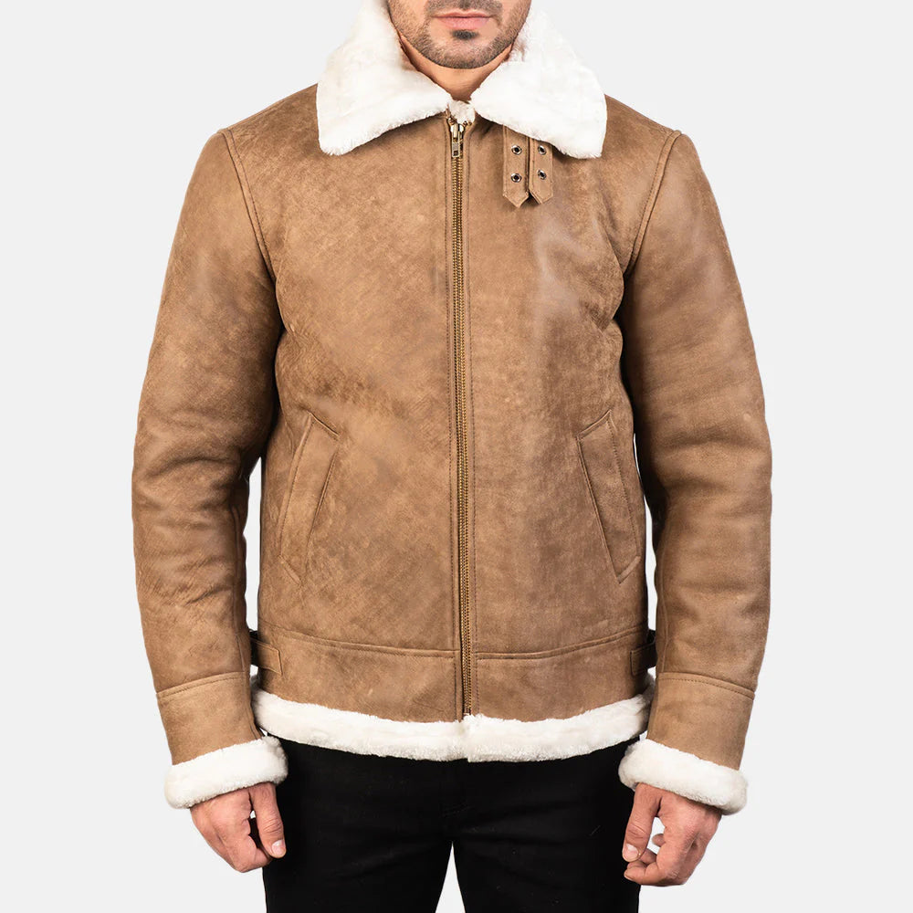 Francis B-3 Distressed Brown Leather Bomber Jacket for Men | Premium Genuine Shearling Aviator Jacket