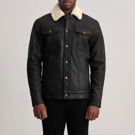 Dallis Distressed Black Leather Shearling Trucker Jacket for Men | Premium Genuine Leather Jacket
