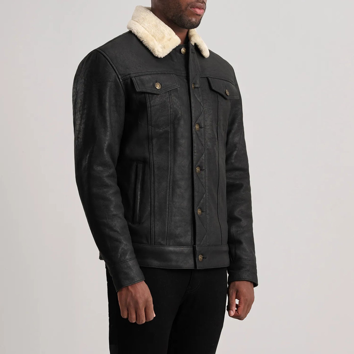 Dallis Distressed Black Leather Shearling Trucker Jacket for Men | Premium Genuine Leather Jacket