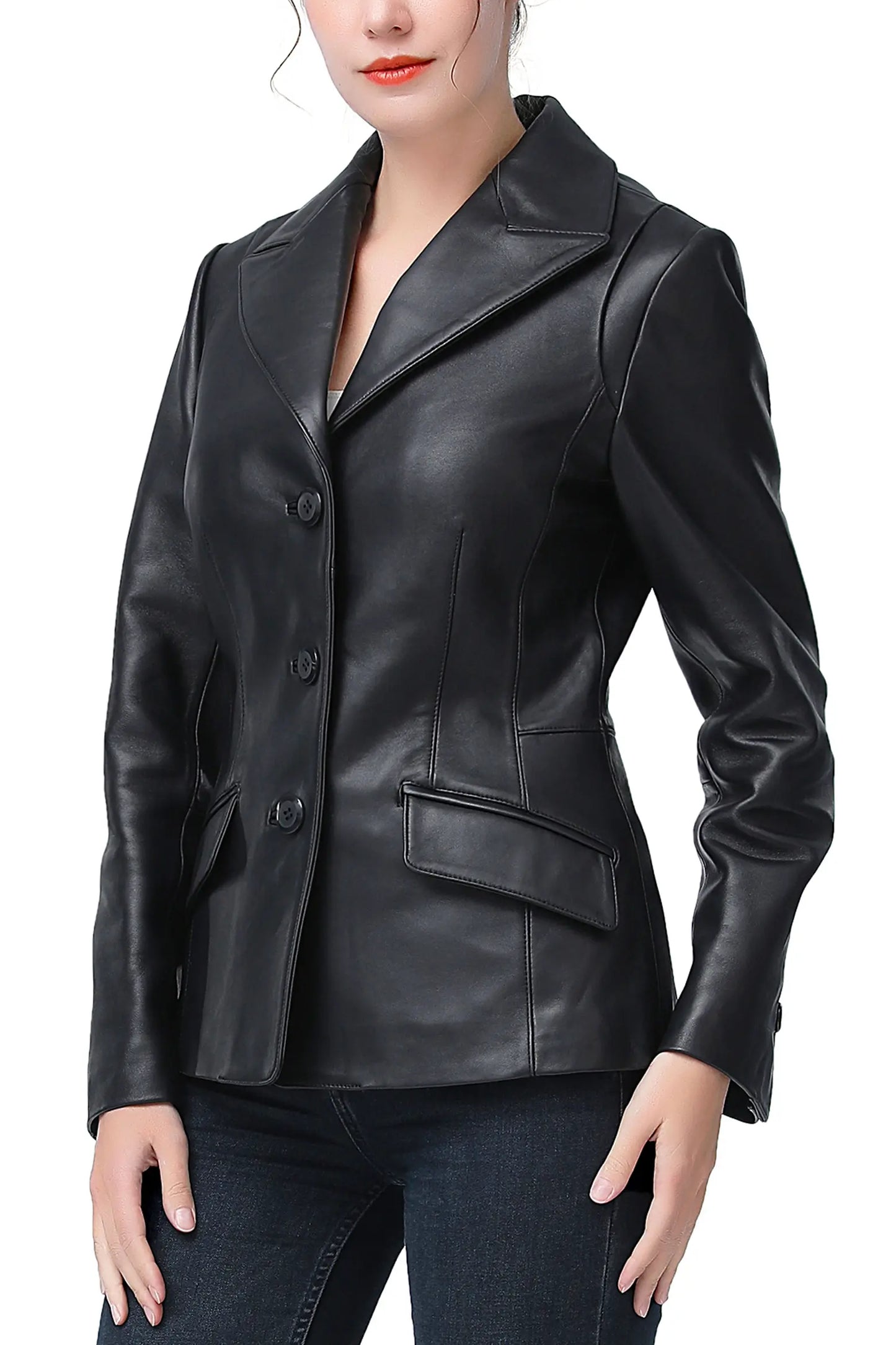 Women's Black Real Leather Blazer | Premium Genuine Leather Tailored Jacket