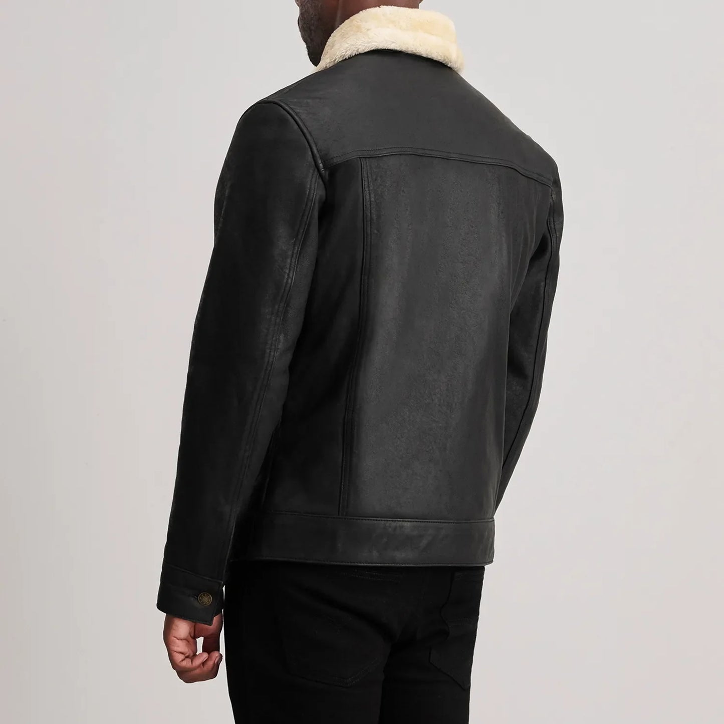 Dallis Distressed Black Leather Shearling Trucker Jacket for Men | Premium Genuine Leather Jacket