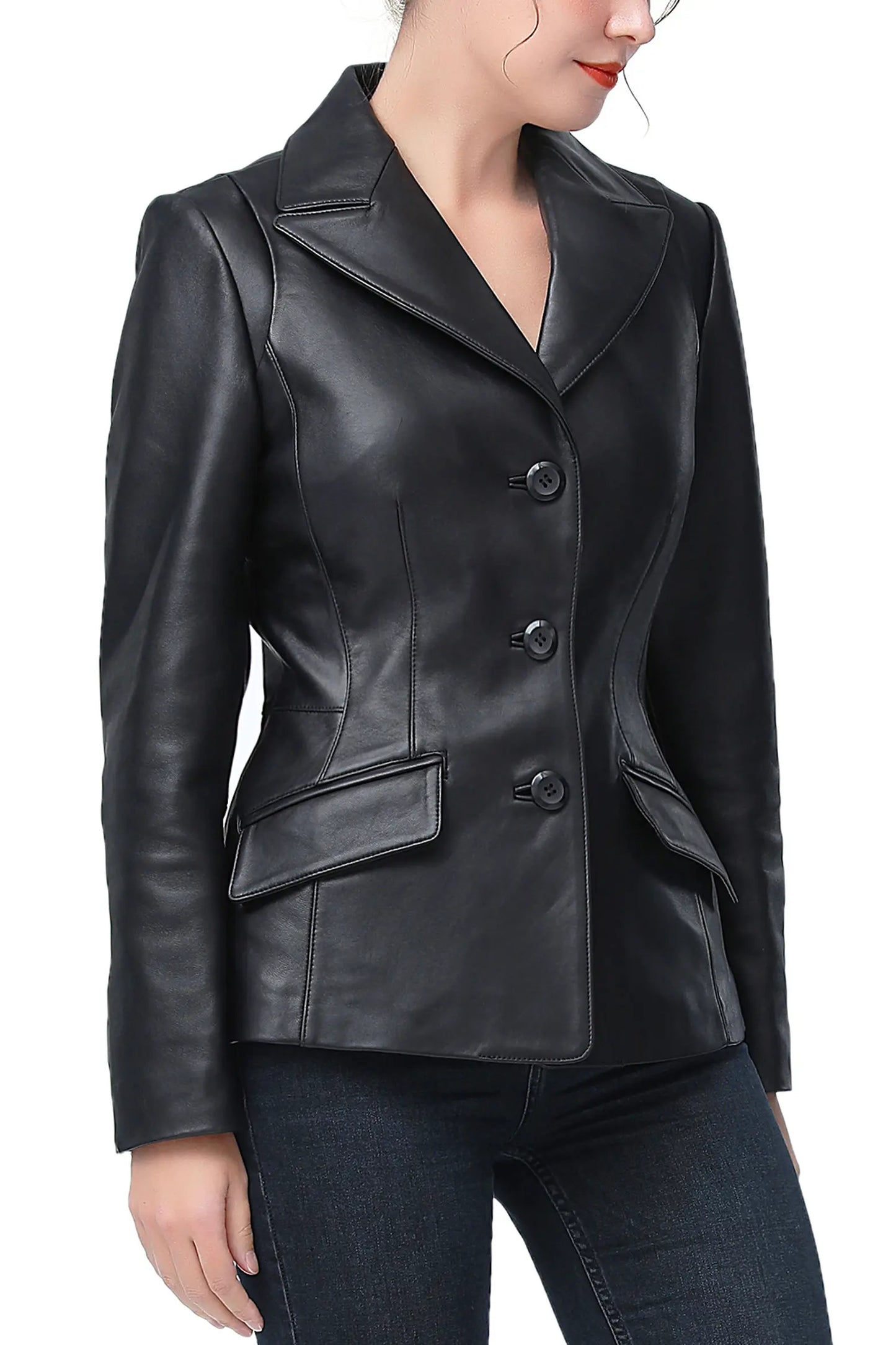 Women's Black Real Leather Blazer | Premium Genuine Leather Tailored Jacket