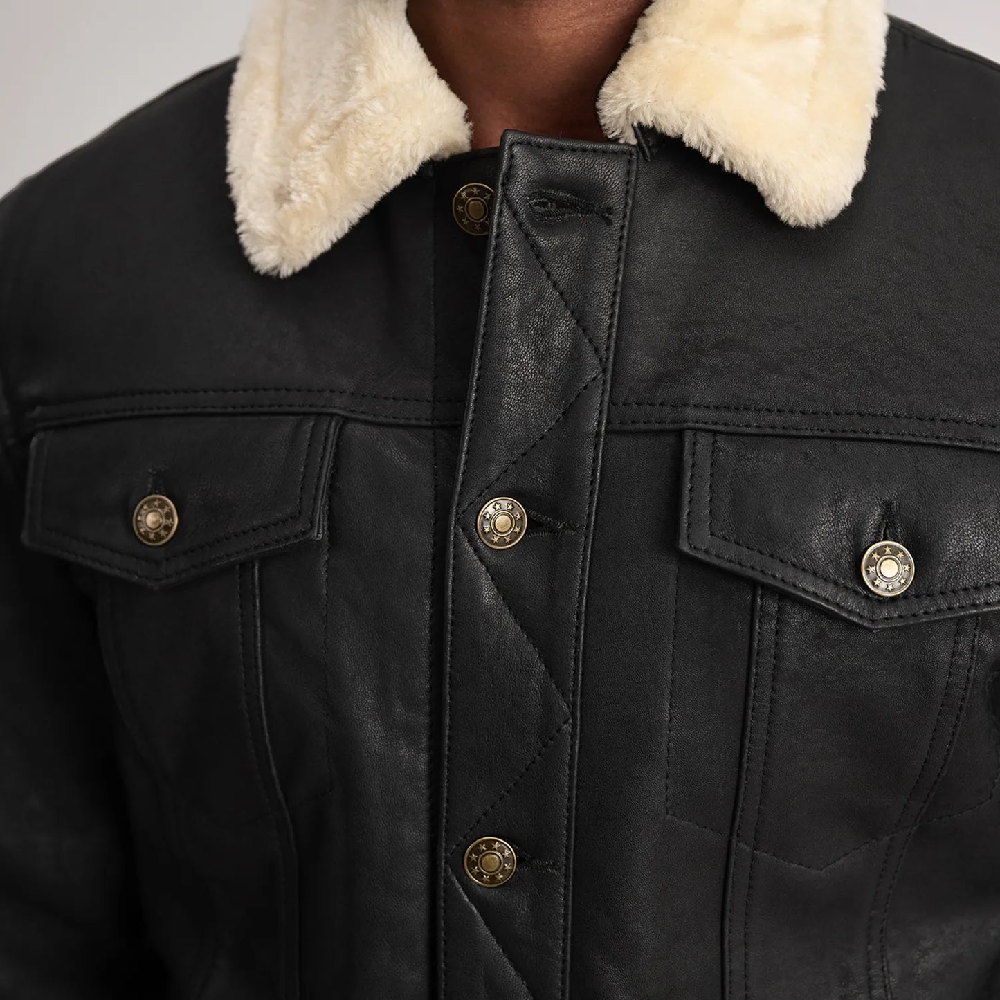 Dallis Distressed Black Leather Shearling Trucker Jacket for Men | Premium Genuine Leather Jacket