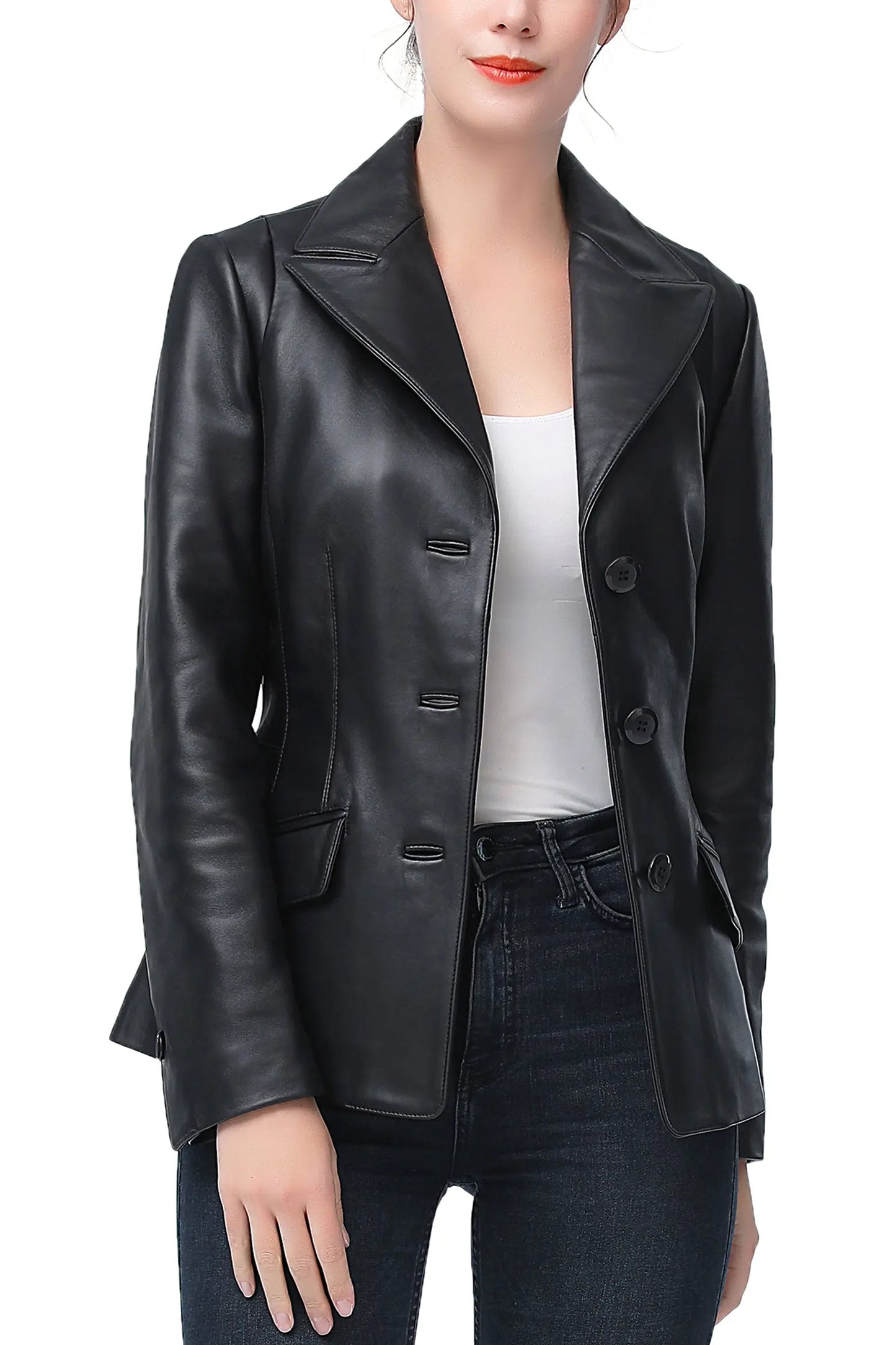 Women's Black Real Leather Blazer | Premium Genuine Leather Tailored Jacket