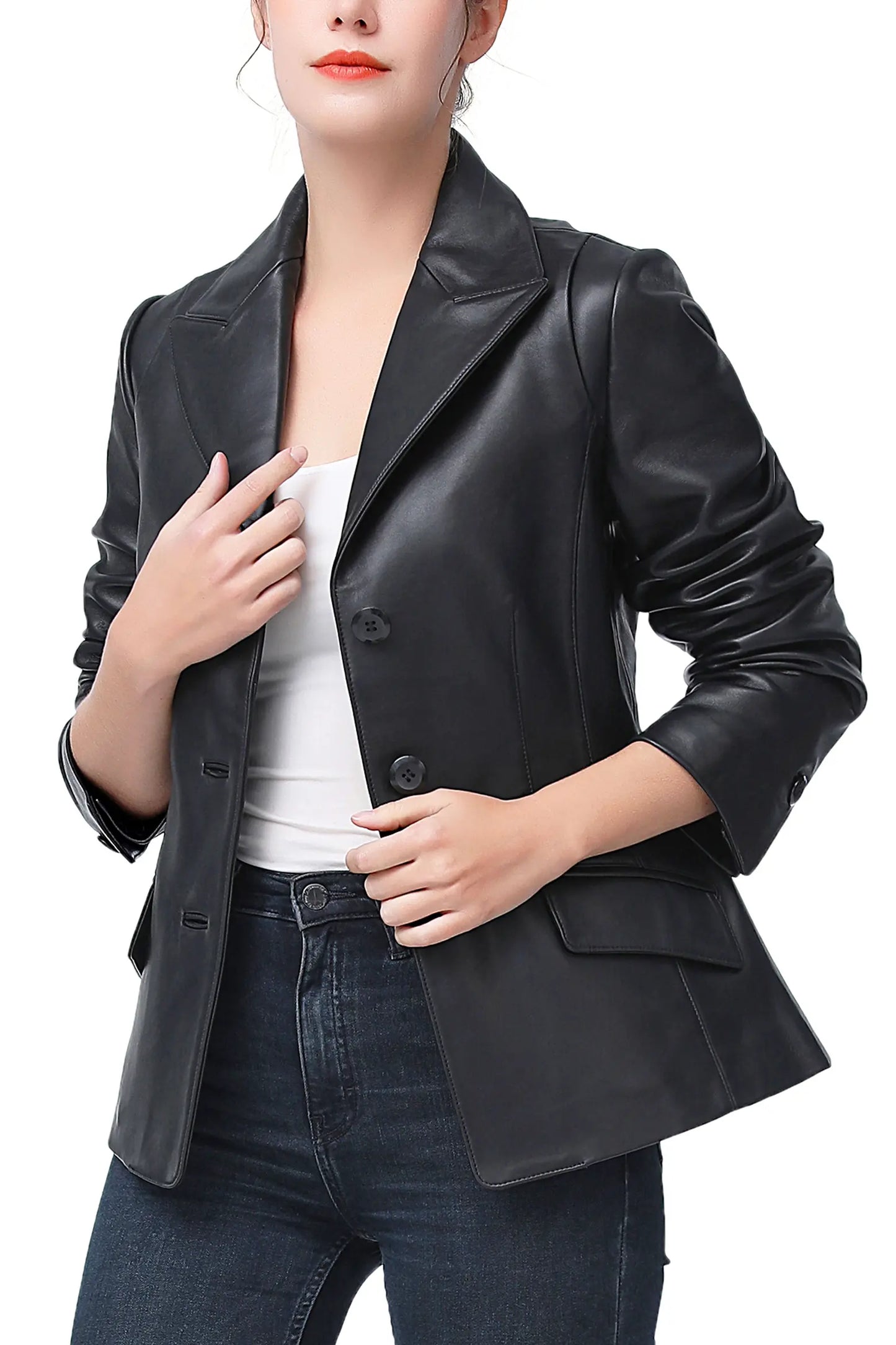 Women's Black Real Leather Blazer | Premium Genuine Leather Tailored Jacket