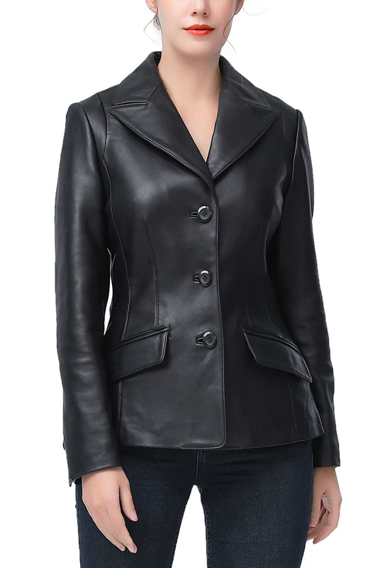 Women's Black Real Leather Blazer | Premium Genuine Leather Tailored Jacket