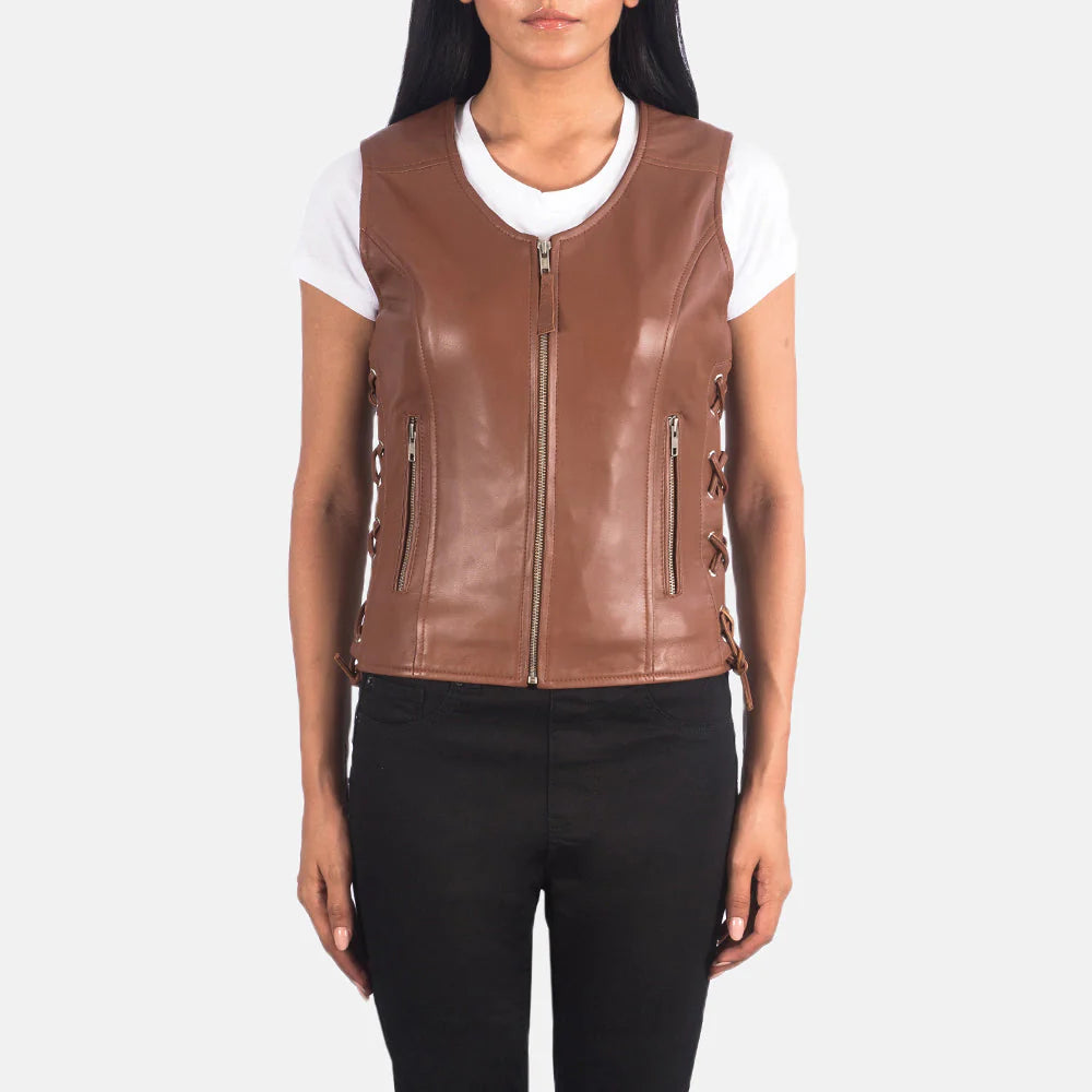 Vanda Brown Leather Biker Vest for Women | Premium Genuine Leather Moto Vest