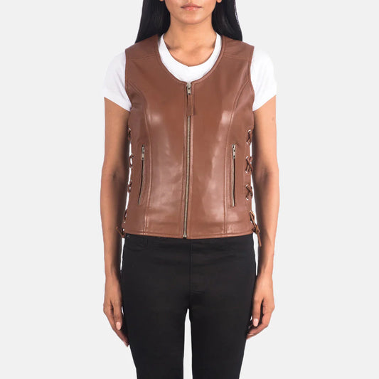 Vanda Brown Leather Biker Vest for Women | Premium Genuine Leather Moto Vest