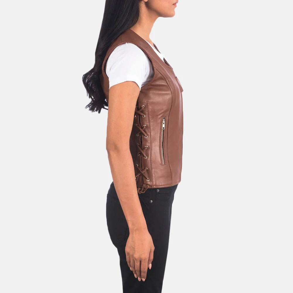 Vanda Brown Leather Biker Vest for Women | Premium Genuine Leather Moto Vest