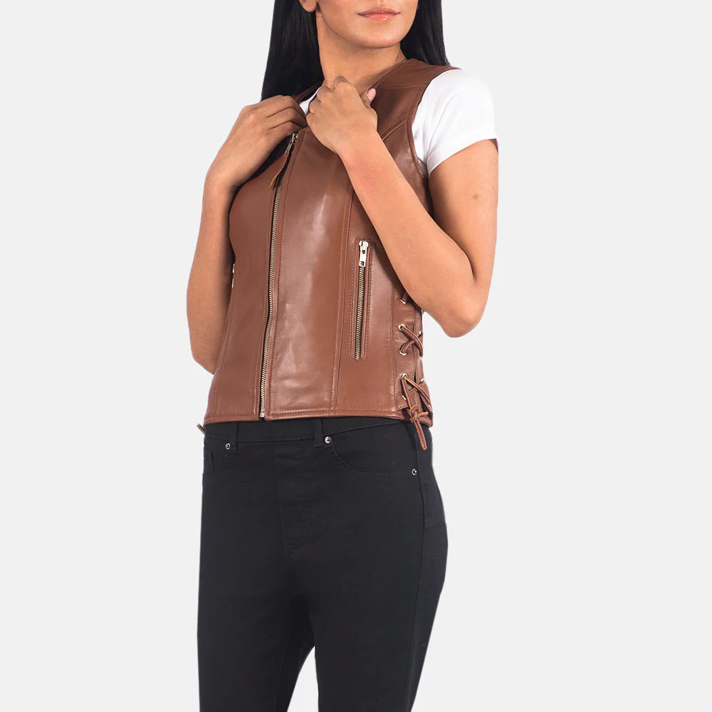 Vanda Brown Leather Biker Vest for Women | Premium Genuine Leather Moto Vest
