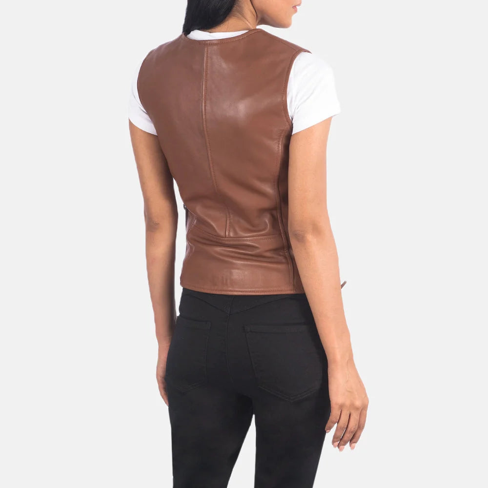 Vanda Brown Leather Biker Vest for Women | Premium Genuine Leather Moto Vest