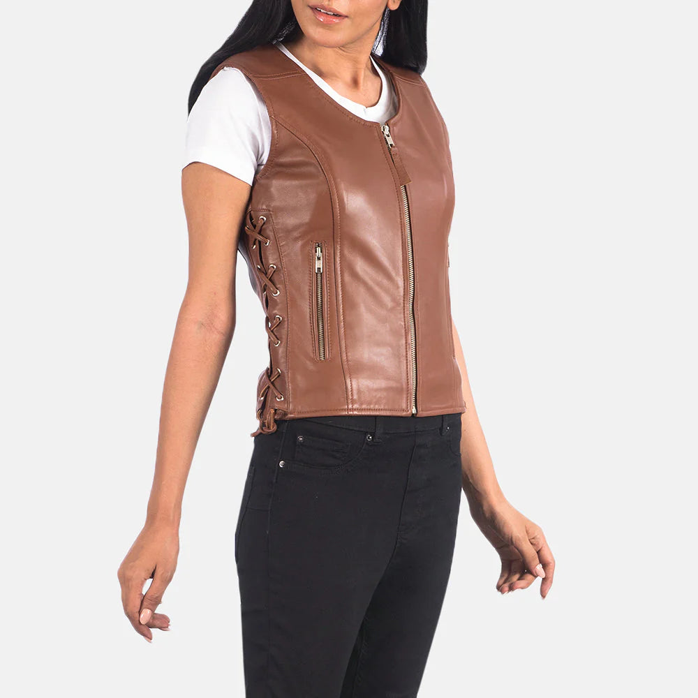 Vanda Brown Leather Biker Vest for Women | Premium Genuine Leather Moto Vest