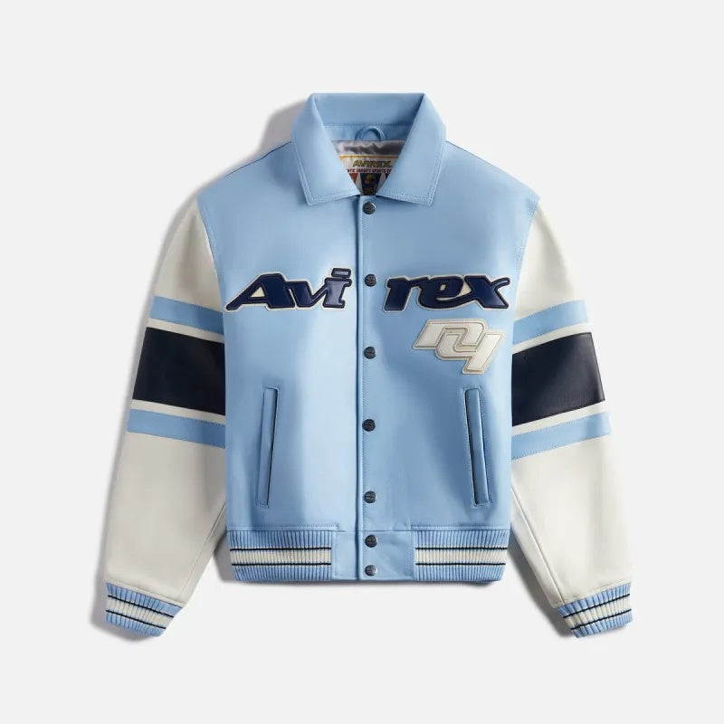 Avirex-Inspired Carolina Blue Leather Varsity Jacket| Premium Genuine Leather Bomber Jacket