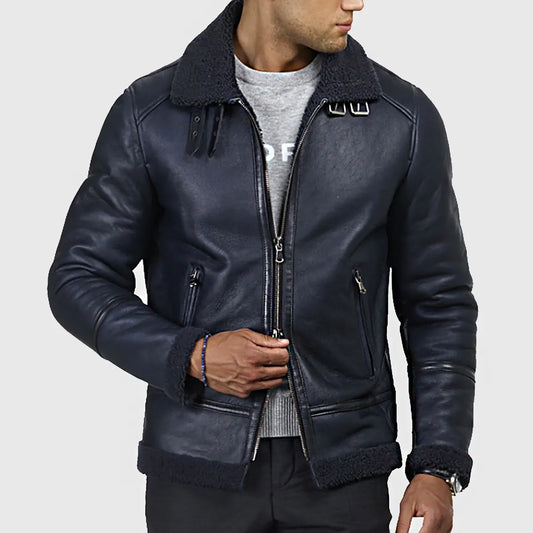 Carter Men's Blue B-3 Bomber Leather Jacket | Premium Genuine Shearling Aviator Jacket