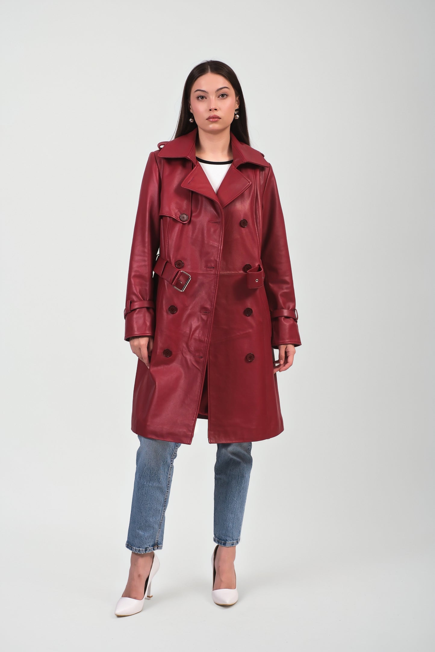 Women’s Red Leather Trench Coat – Bold & Sophisticated Style