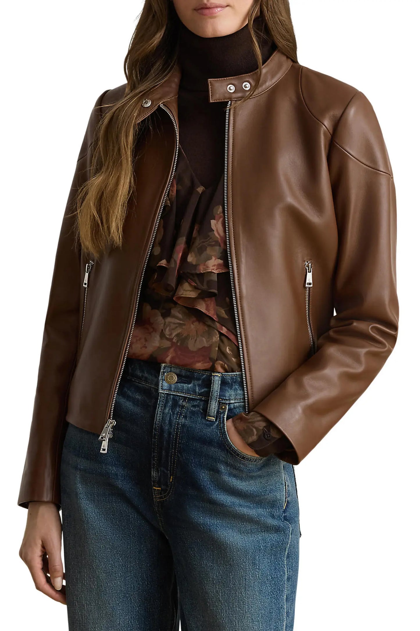 Women’s Brown Leather Jacket – Classic Zip-Up Style