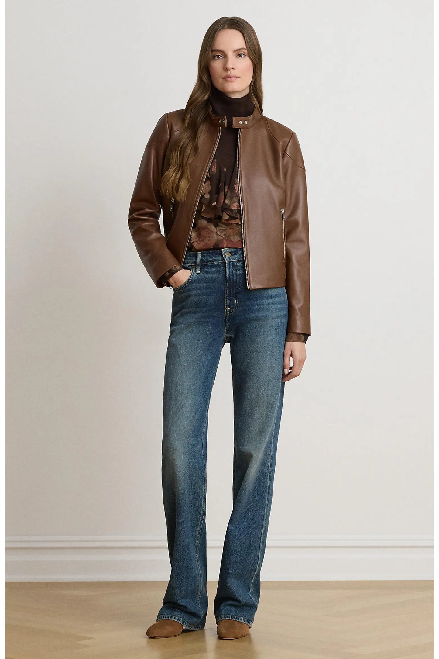 Women’s Brown Leather Jacket – Classic Zip-Up Style