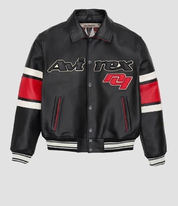 Avirex-Inspired  Black  Leather Varsity Jacket| Premium Genuine Leather Bomber Jacket