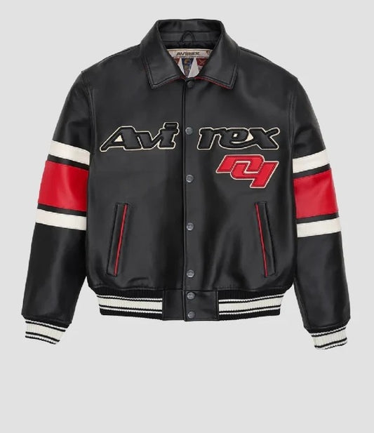 Avirex-Inspired  Black  Leather Varsity Jacket| Premium Genuine Leather Bomber Jacket