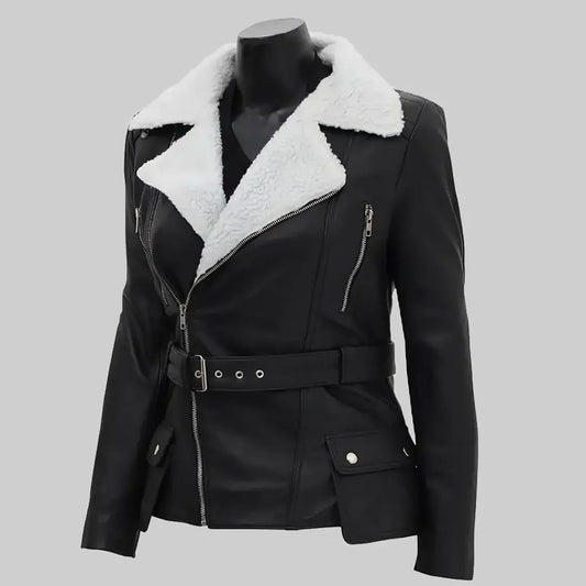 Daniels Women's Black Biker Shearling Leather Jacket | Premium Winter Moto Coat