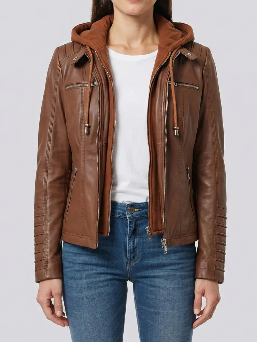 Women's Cognac Brown Leather Jacket with Removable Hood | Premium Genuine Leather Jacket