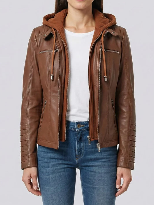 Women's Cognac Brown Leather Jacket with Removable Hood | Premium Genuine Leather Jacket