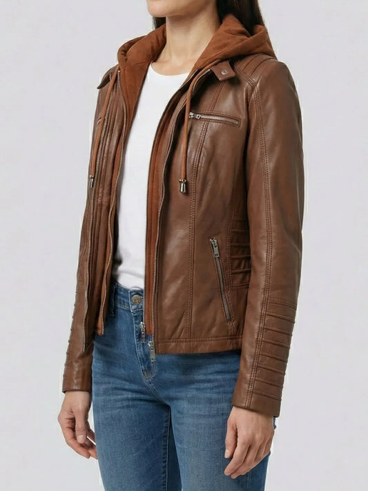 Women's Cognac Brown Leather Jacket with Removable Hood | Premium Genuine Leather Jacket