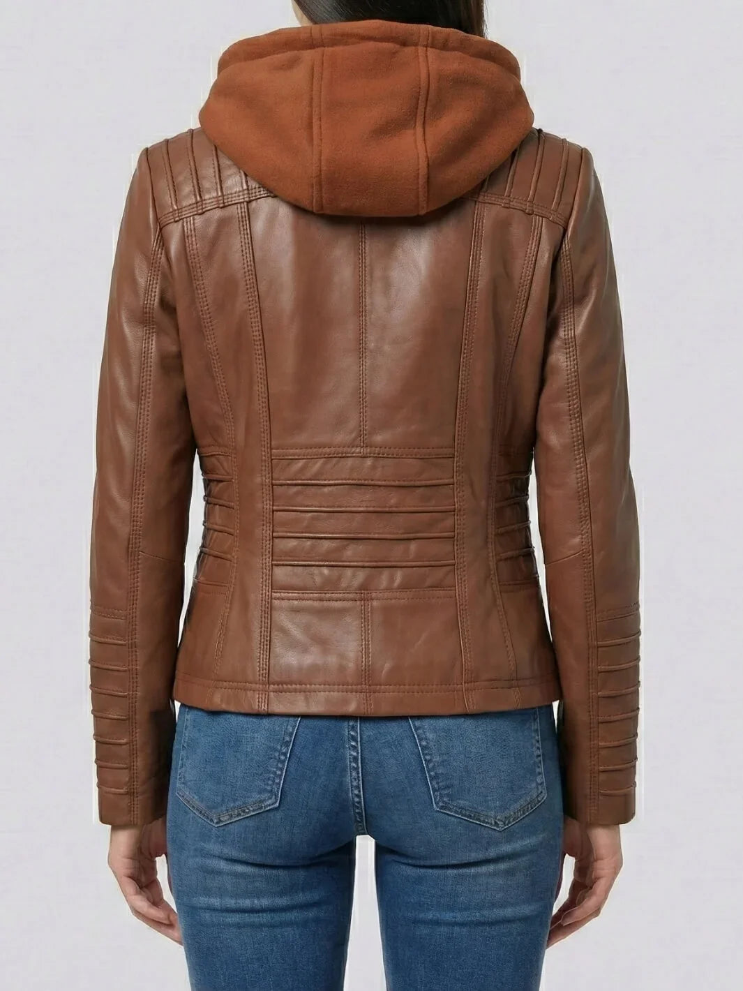 Women's Cognac Brown Leather Jacket with Removable Hood | Premium Genuine Leather Jacket