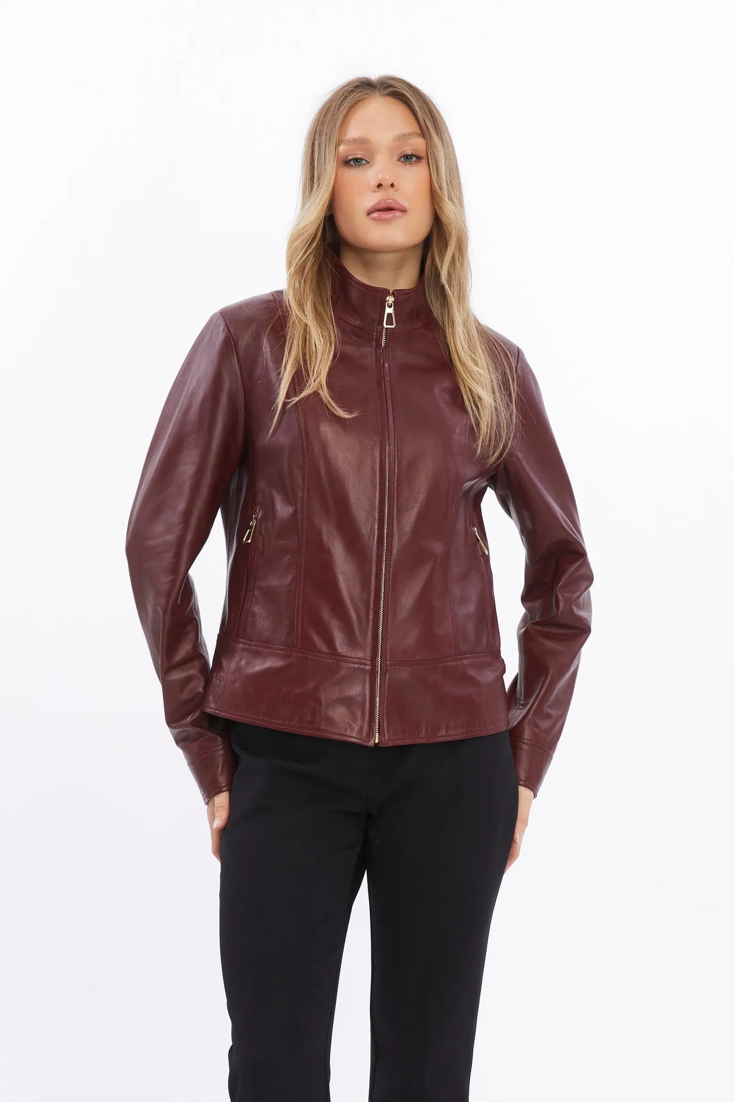 Women’s Maroon Leather Jacket – Stylish Zip-Up Jacket