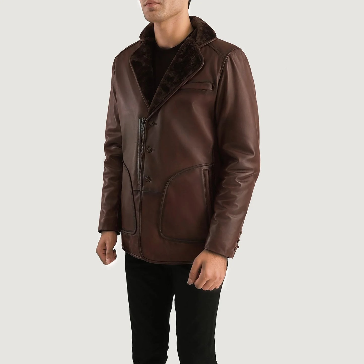 Rocky Brown Fur Leather Coat for Men | Premium Genuine Leather Winter Coat