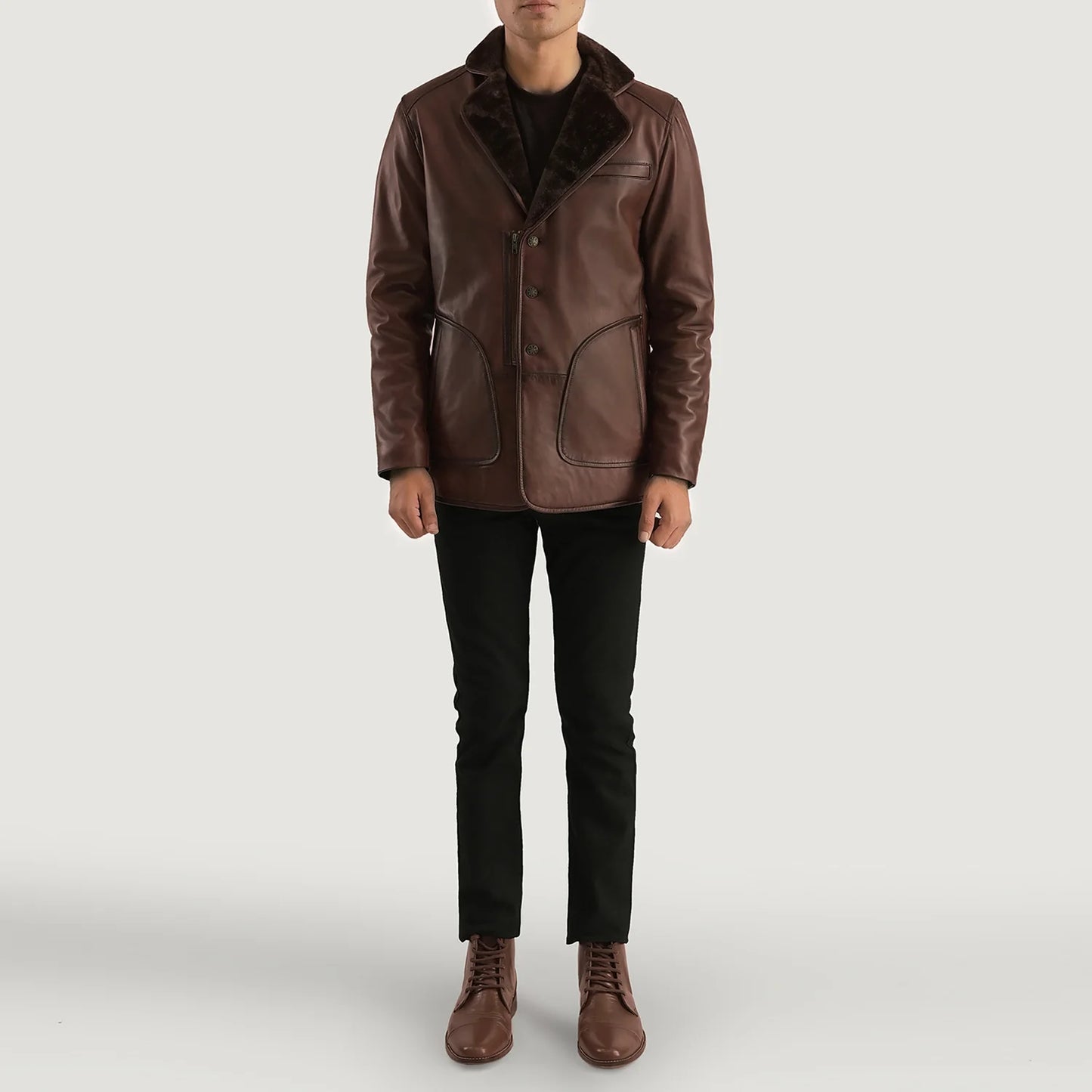 Rocky Brown Fur Leather Coat for Men | Premium Genuine Leather Winter Coat