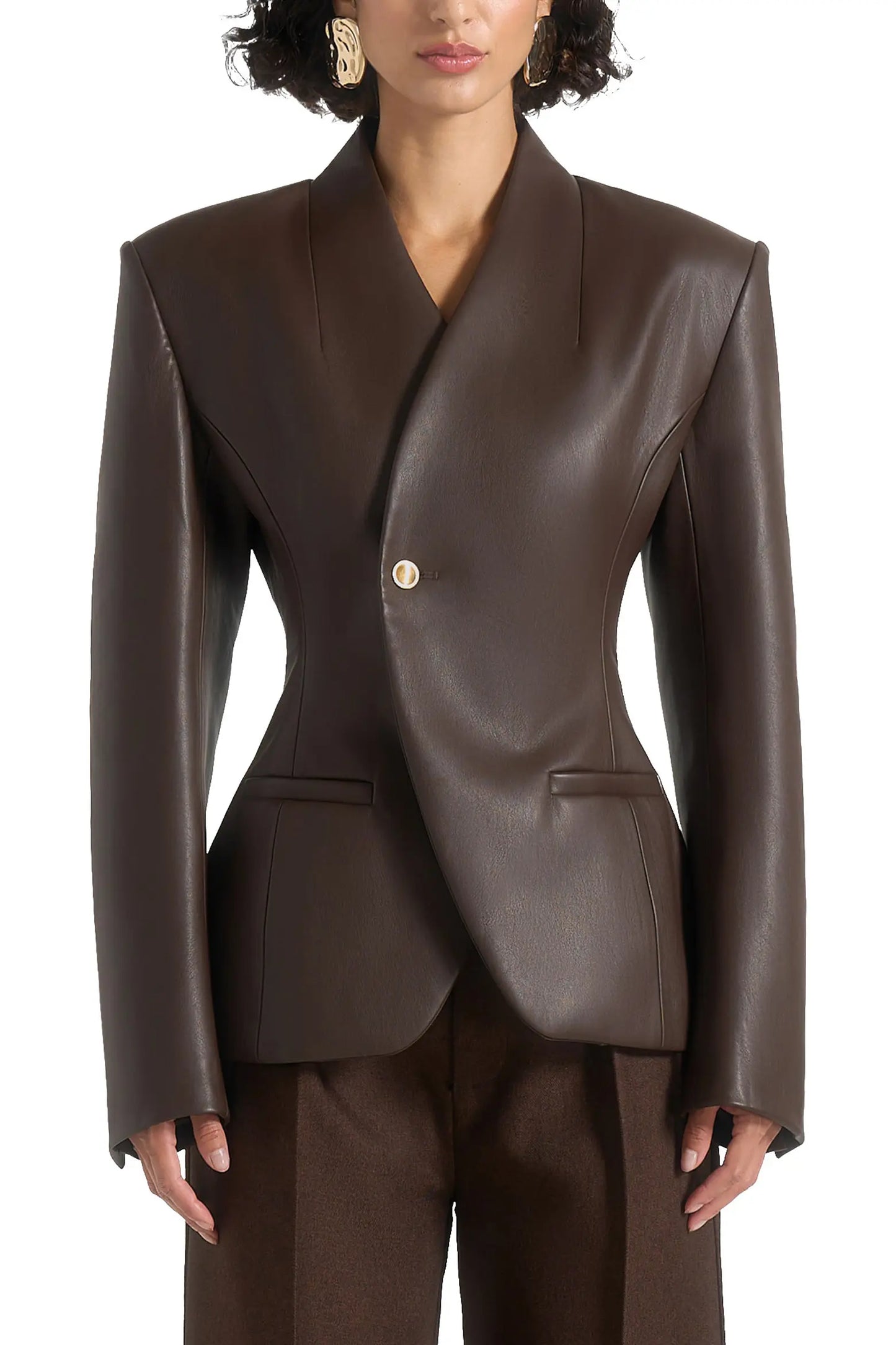 Brown One-Button Leather Blazer