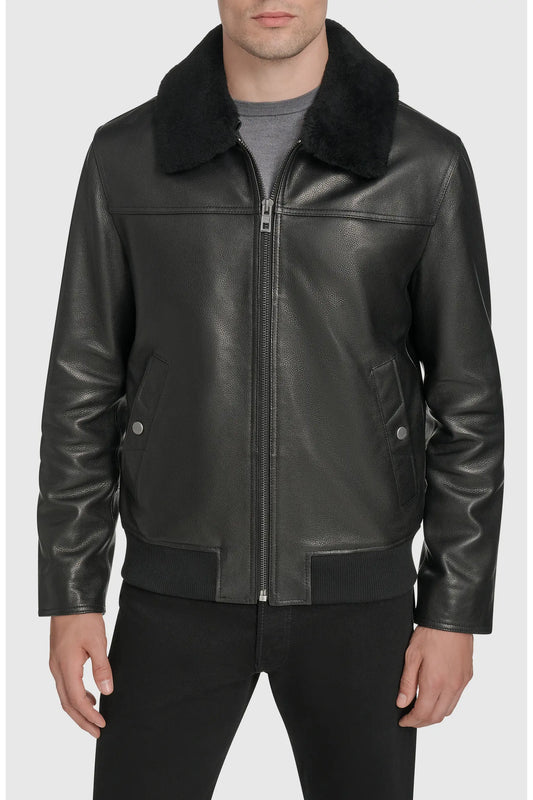 Men's Black Leather Aviator Jacket with Shearling Collar | Premium Flight Jacket
