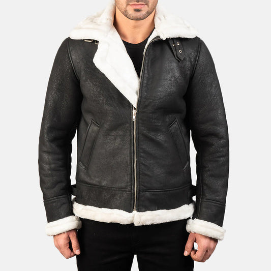 Francis B-3 Distressed Black Leather Bomber Jacket for Men | Premium Shearling Aviator Jacket