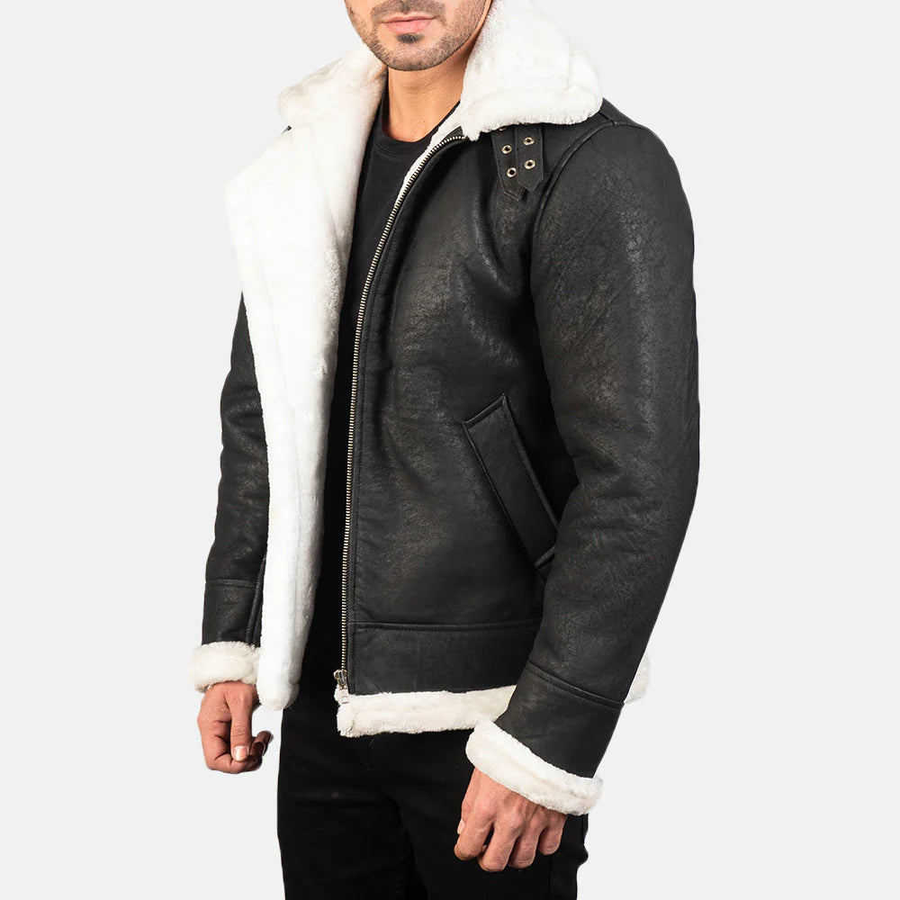 Francis B-3 Distressed Black Leather Bomber Jacket for Men | Premium Shearling Aviator Jacket