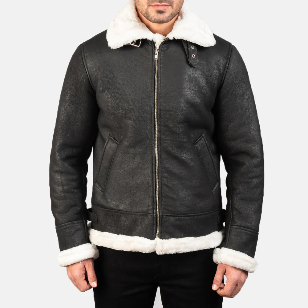 Francis B-3 Distressed Black Leather Bomber Jacket for Men | Premium Shearling Aviator Jacket