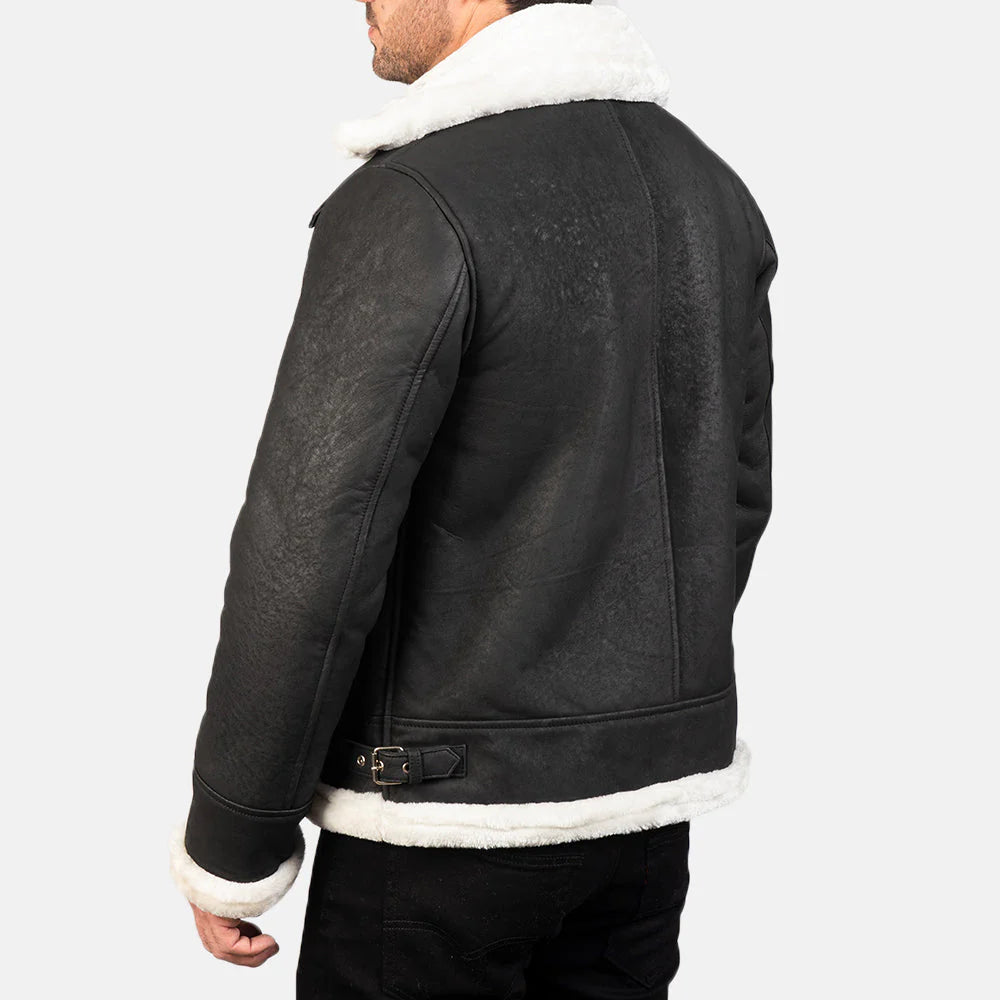 Francis B-3 Distressed Black Leather Bomber Jacket for Men | Premium Shearling Aviator Jacket