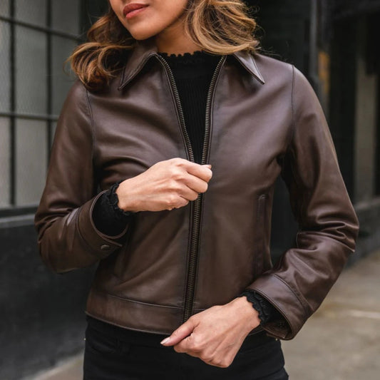Women's Aviator BrownLeather Jacket | Premium Vintage Flight Bomber Jacket