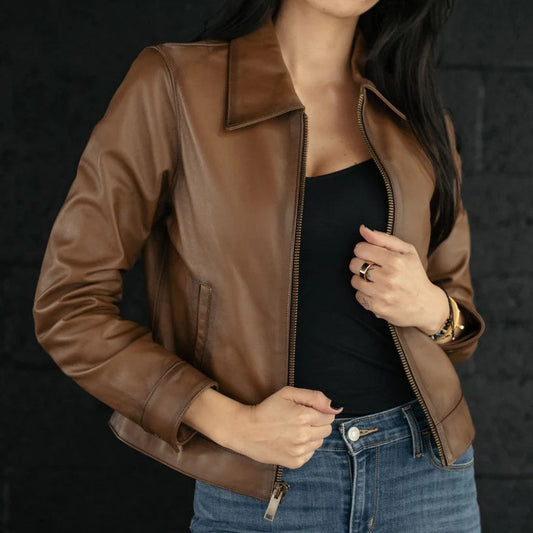 Women's Aviator Camel Leather Jacket | Premium Vintage Flight Bomber Jacket