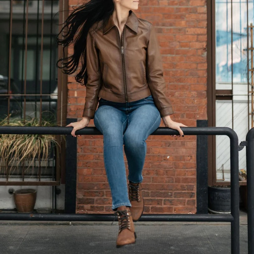 Women's Aviator Camel Leather Jacket | Premium Vintage Flight Bomber Jacket