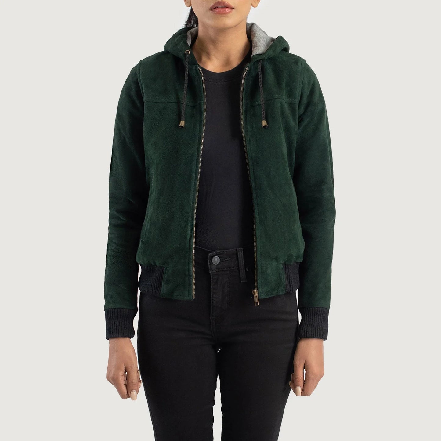 Rebella Green Hooded Suede Bomber Jacket for Women | Premium Casual Hooded Jacket