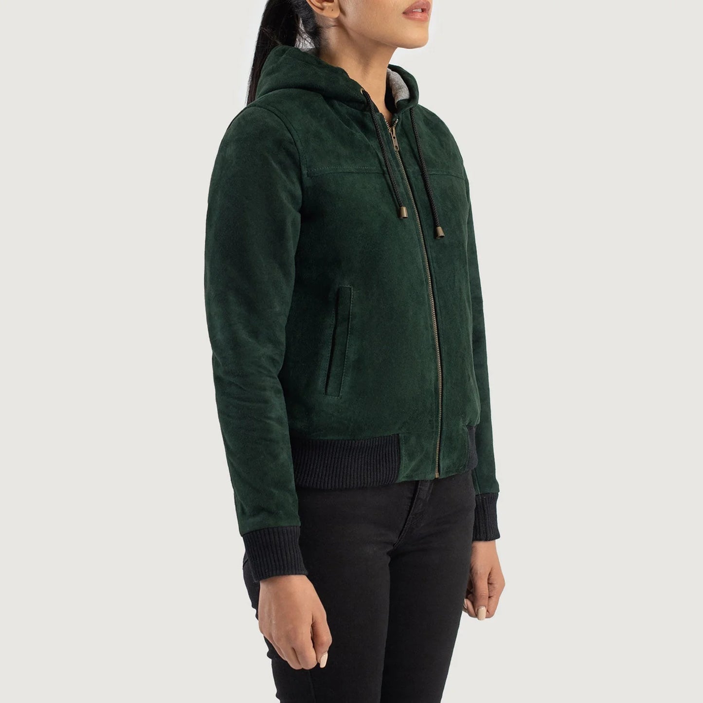 Rebella Green Hooded Suede Bomber Jacket for Women | Premium Casual Hooded Jacket