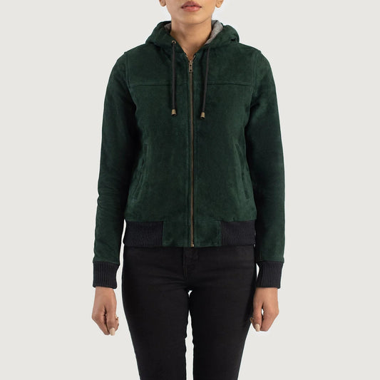Rebella Green Hooded Suede Bomber Jacket for Women | Premium Casual Hooded Jacket