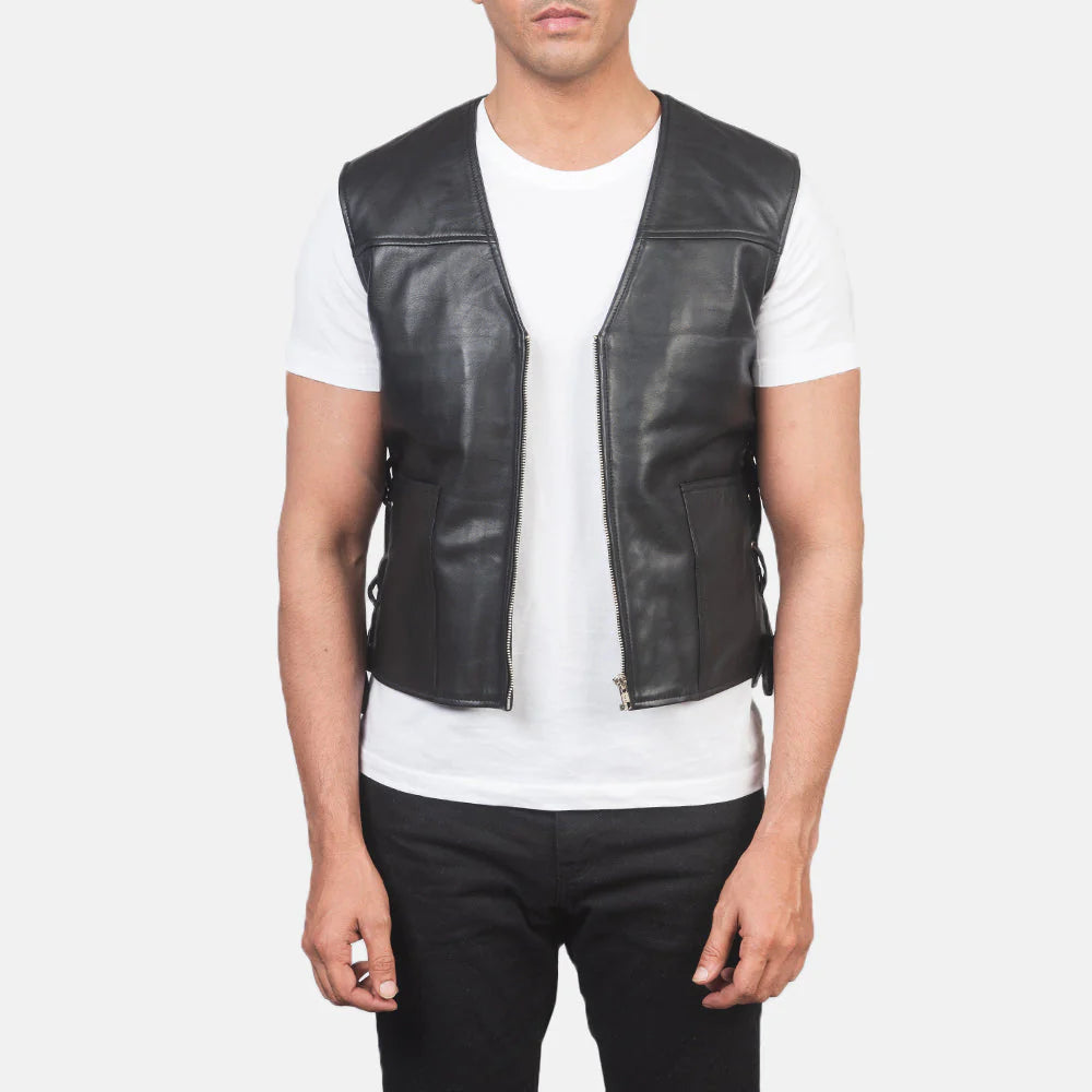 Brandon Black Leather Vest for Men | Premium Genuine Leather Biker Vest