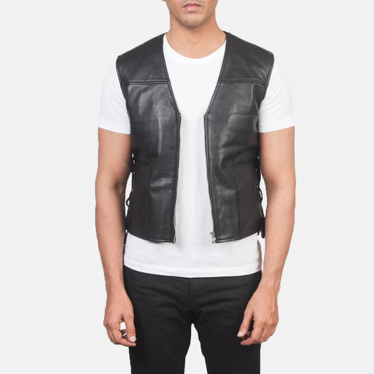 Brandon Black Leather Vest for Men | Premium Genuine Leather Biker Vest