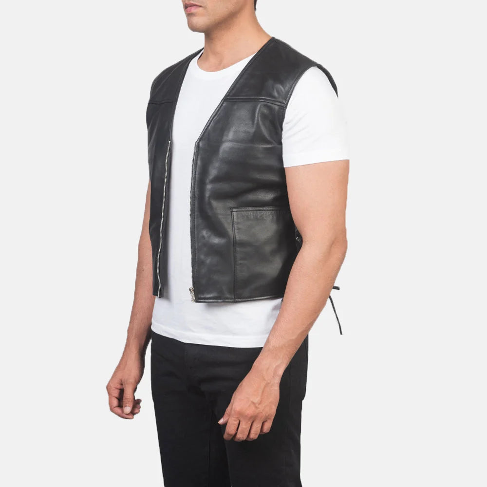 Brandon Black Leather Vest for Men | Premium Genuine Leather Biker Vest